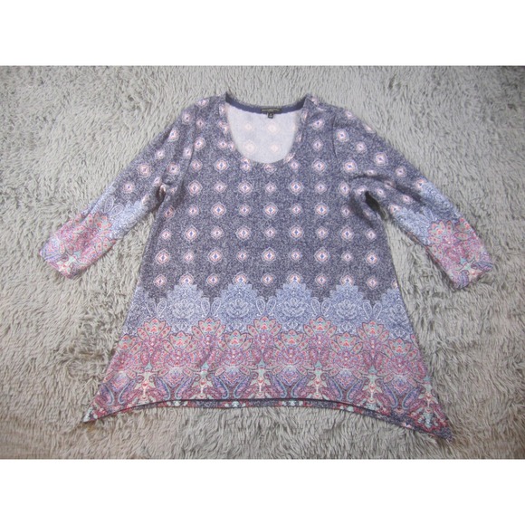 Signature Studio Woman Shirt Womens 1X Blue Paisley Tunic 3/4 Sleeve Sharkbite - Picture 1 of 8